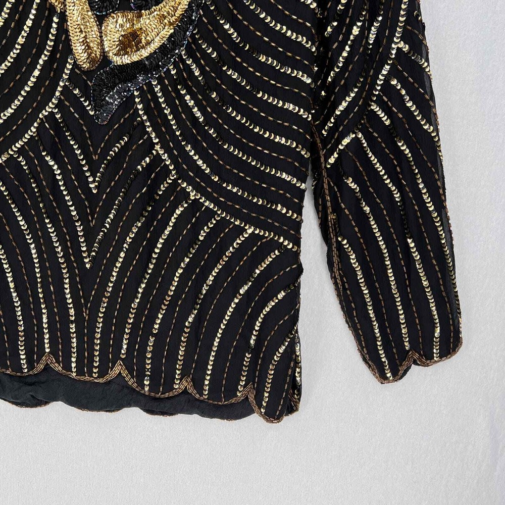 VINTAGE 80s Sequin Top Women Small Black Gold Beaded Silk Party Blouse Disco - Picture 7 of 16